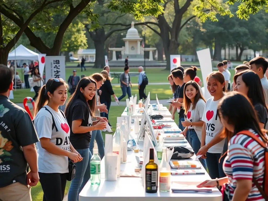 A heartwarming image of volunteers and community members working together at a JAPAN DAYS event, emphasizing the sense of community and collaboration.