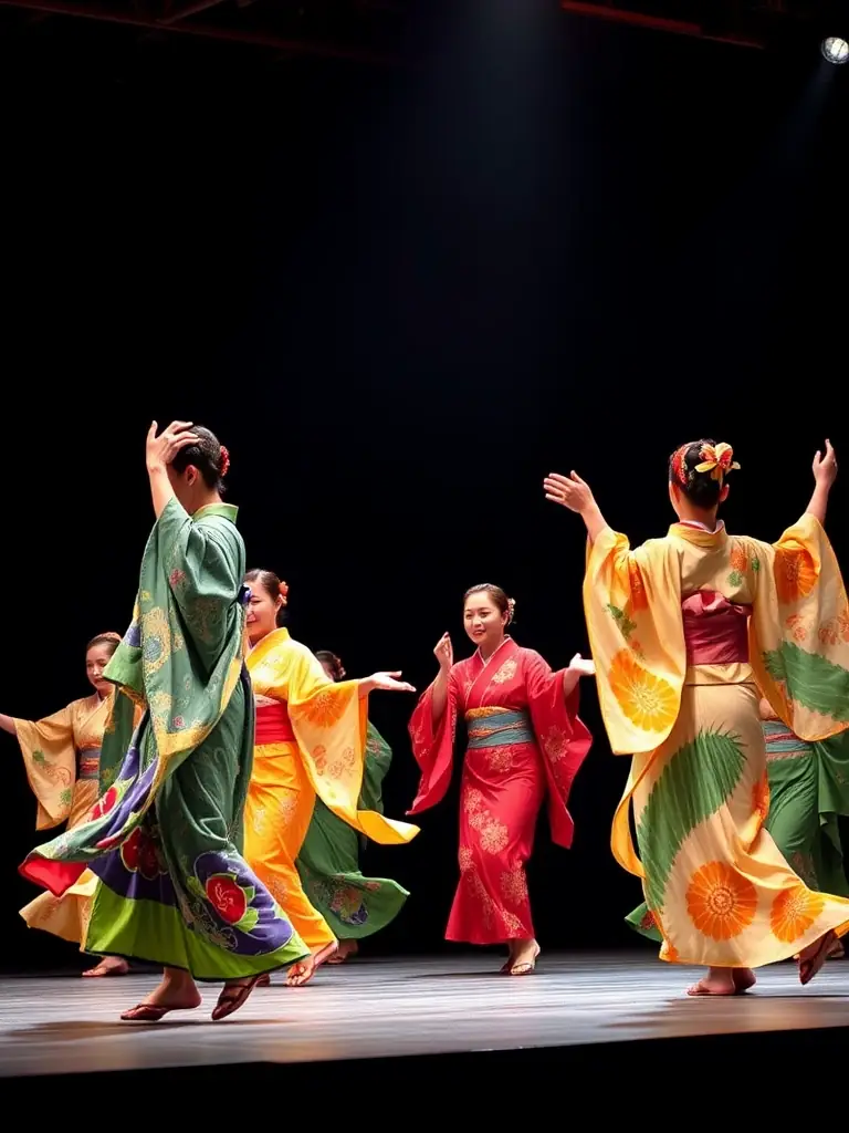 A lively scene from a traditional Japanese dance performance at Japan Days, with dancers in colorful costumes moving gracefully to the rhythm of traditional music.