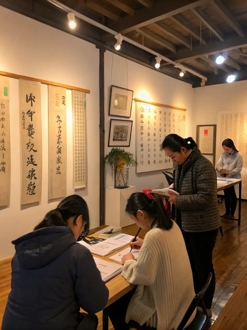 A dynamic shot of a calligraphy workshop at Japan Days, with participants practicing brushstrokes under the guidance of a skilled instructor.