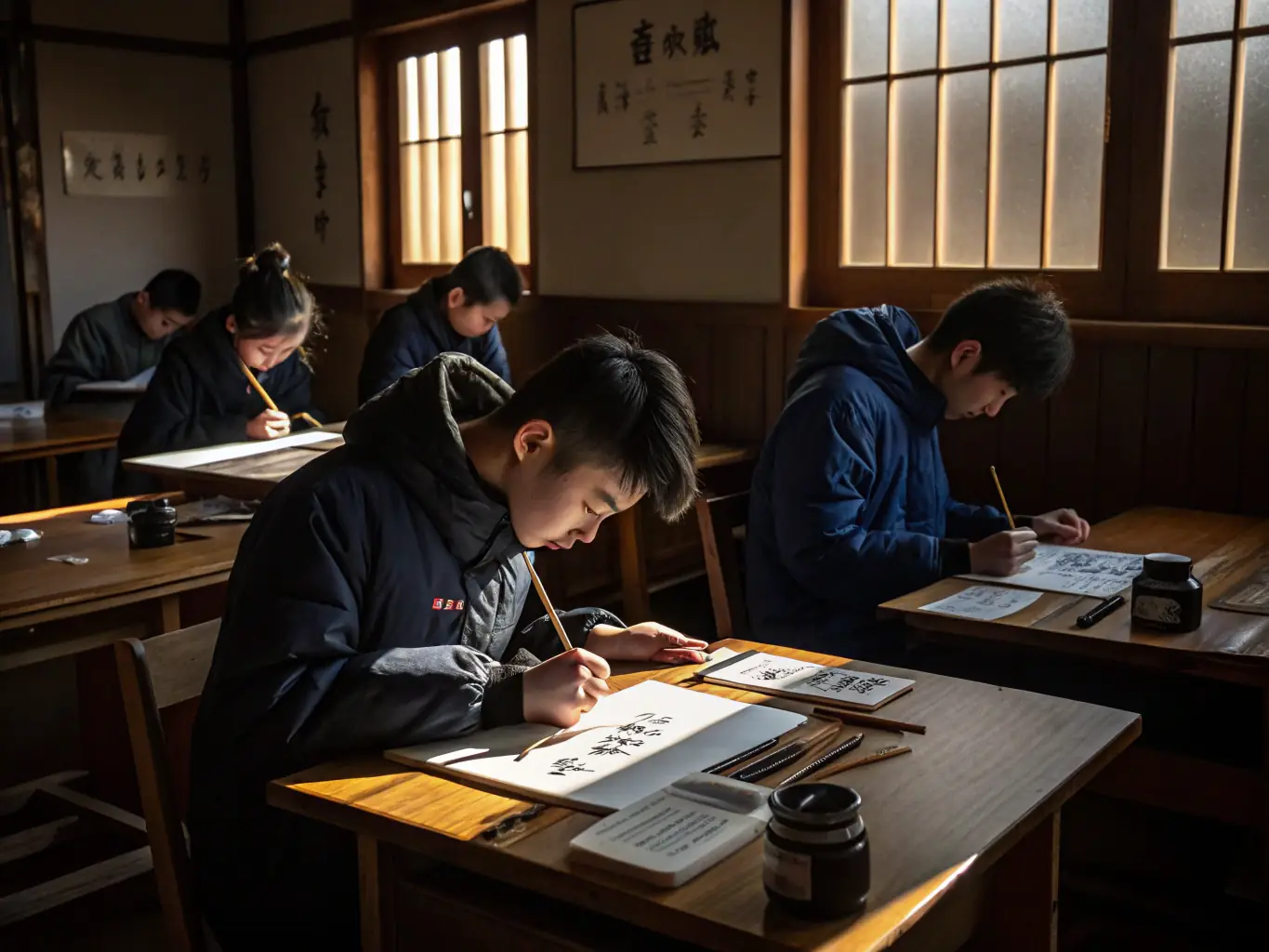 A photograph capturing a calligraphy workshop in progress, with participants carefully practicing brushstrokes under the guidance of an instructor. The setting is a bright, traditional Japanese room with shoji screens.