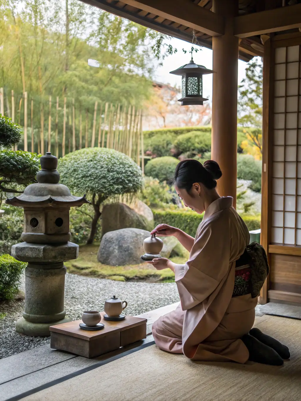 A serene image of a traditional Japanese tea ceremony at Japan Days, with participants in kimonos, carefully observing the tea master's precise movements.