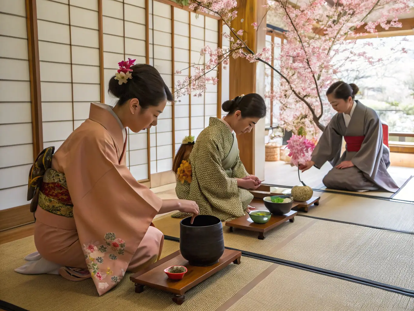 A serene image of a traditional Japanese tea ceremony, with participants seated around a tatami mat, observing the precise movements of the tea master.