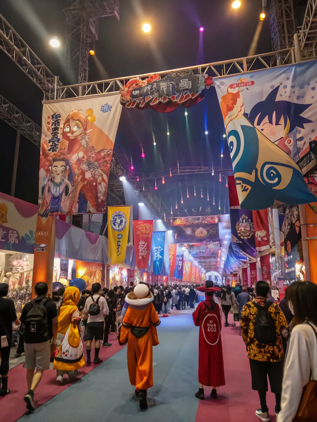 A photograph capturing a vibrant cosplay event at Japan Days, featuring participants dressed as anime characters, set against a backdrop of Japanese-themed decorations.